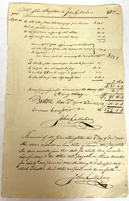 BOSTON 1785 FINANCIAL ACCT & PROMISSORY RECEIPT JOHN CALLAHAN & JOHN STOUGHTON