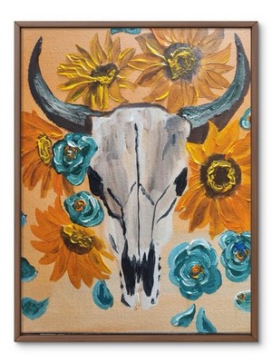 Abstract South Western Skull Flowers Modern Original Art 14X11 Canvas Acrylic