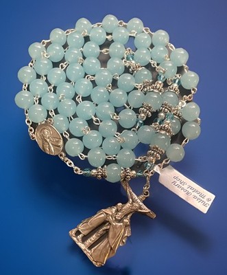 Semi Precious Blue Chalcedony  10mm Stone 28  Rosary, Silver Tone Crucifix W Tag