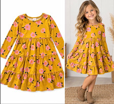 NWOT Hanna Andersson Girls Floral Tiered Long Sleeve Knee Dress Yellow Pink 6-7Y