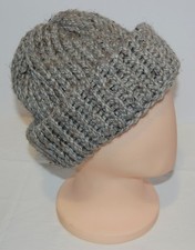 Hand Knit Hat 27 Chunky Wool Blend Double Brim Soft and Warm Sz Large Grey