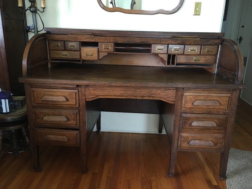 Antique Oak Roll Top Desk - Picture 2 of 12
