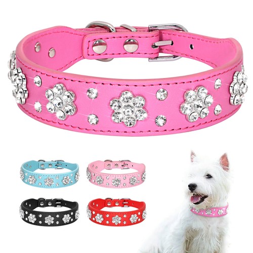 Leather Rhinestone Crystal Diamante Dog Collar Soft Bling Cat Puppy