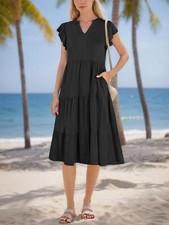 Women's Summer Ruffle Sleeve V Neck Midi Dress Fit Flowy Tiered Boho Sundress
