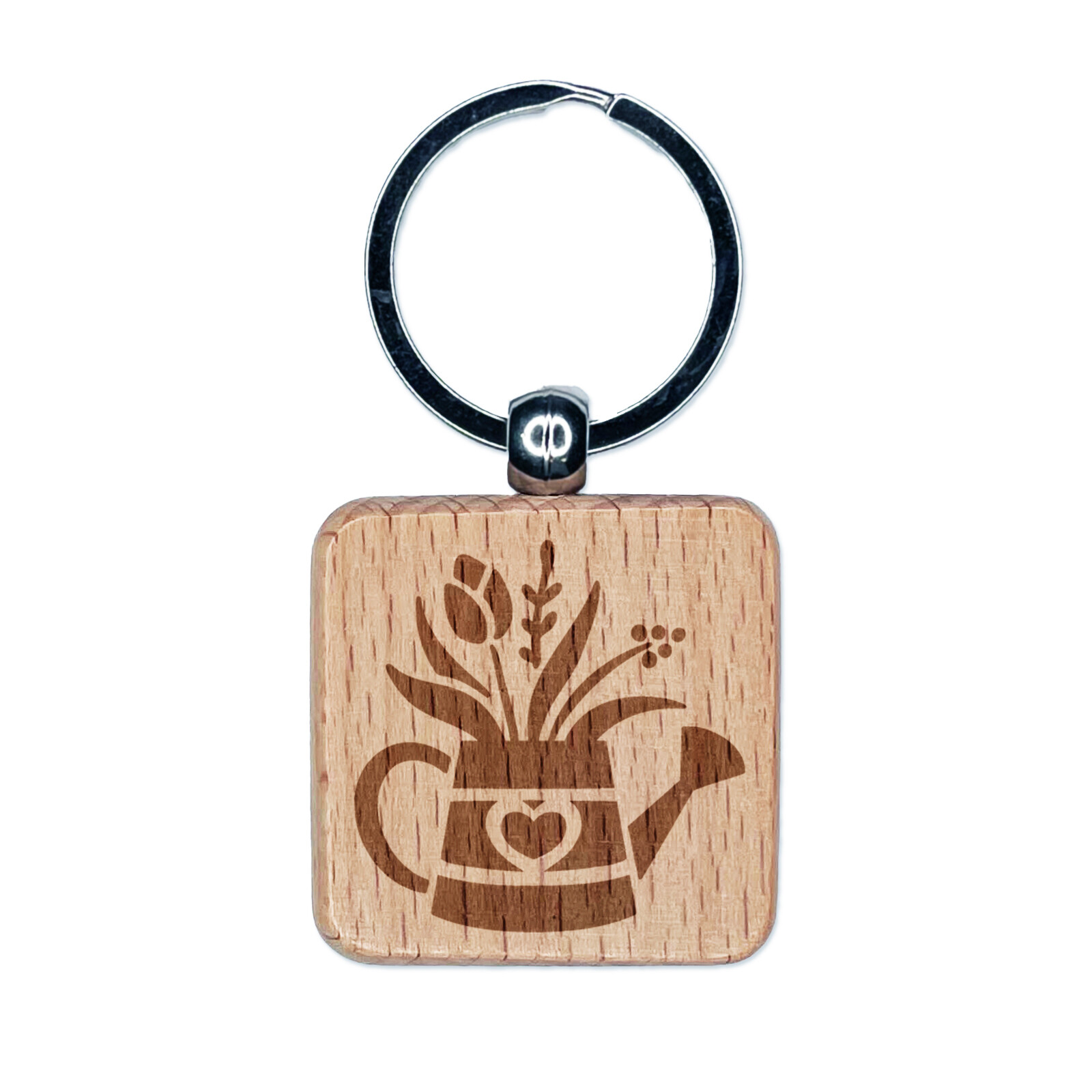 Charming Water Can Spring Summer Flowers Gardening Engraved Wood Square Keychain