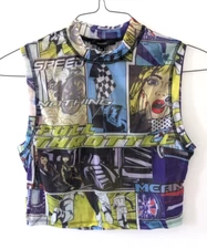 Comic Book Graphic Print Mesh Crop Top Shirt woman's LARGE 80s 90s Y2K street