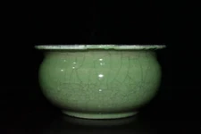 3.8"old China Porcelain Qing Dynasty Bean Green Glazed Open slice Incense Burner