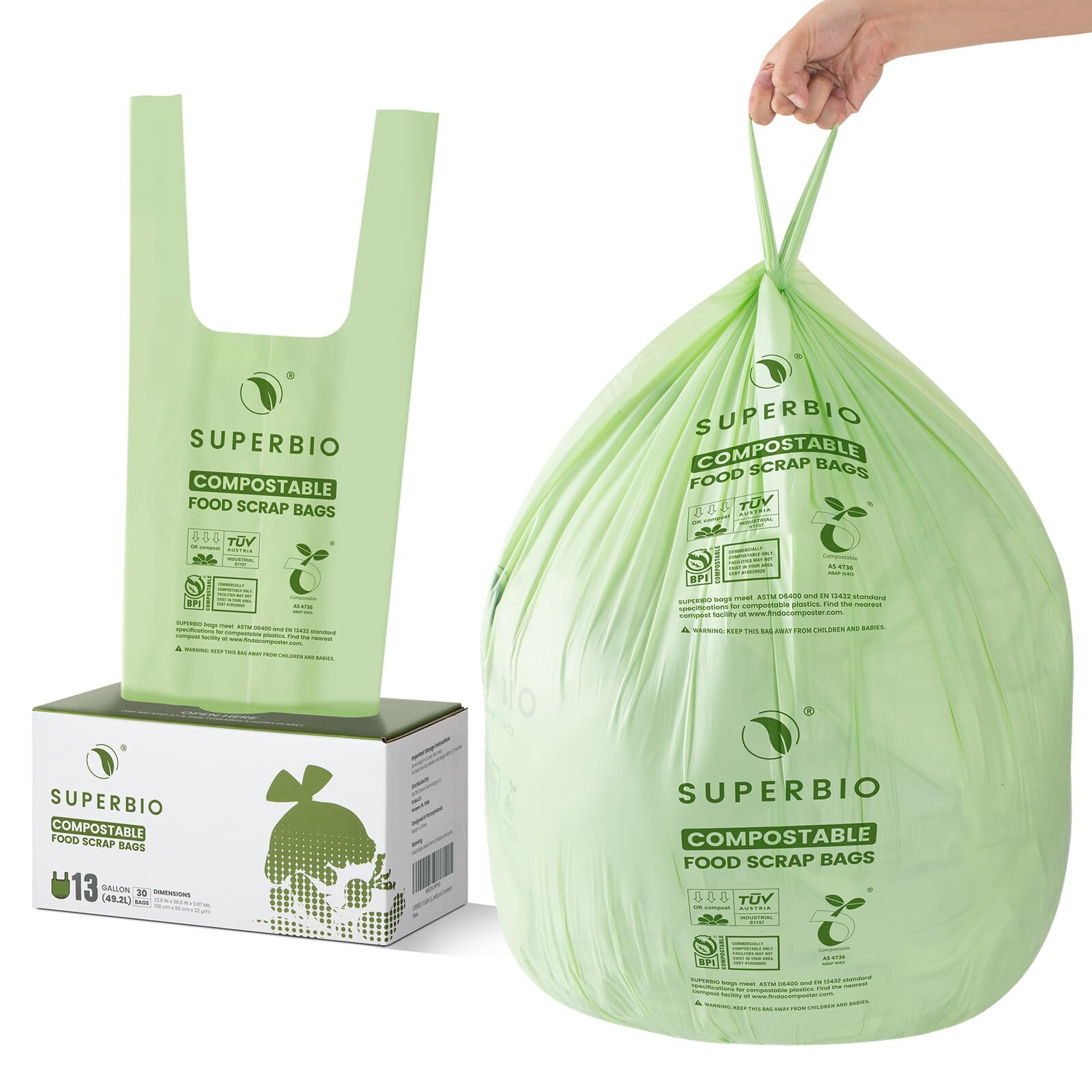 13 Gallon Compostable Kitchen Waste Bags with Handles, Food Scrap Bags Certif...