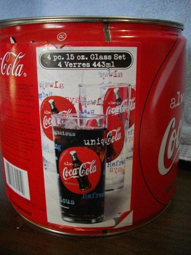 Coca Cola 1999 Coke Round Bank Tin And 4 Pc 15Oz Glass Set - Picture 7 of 7