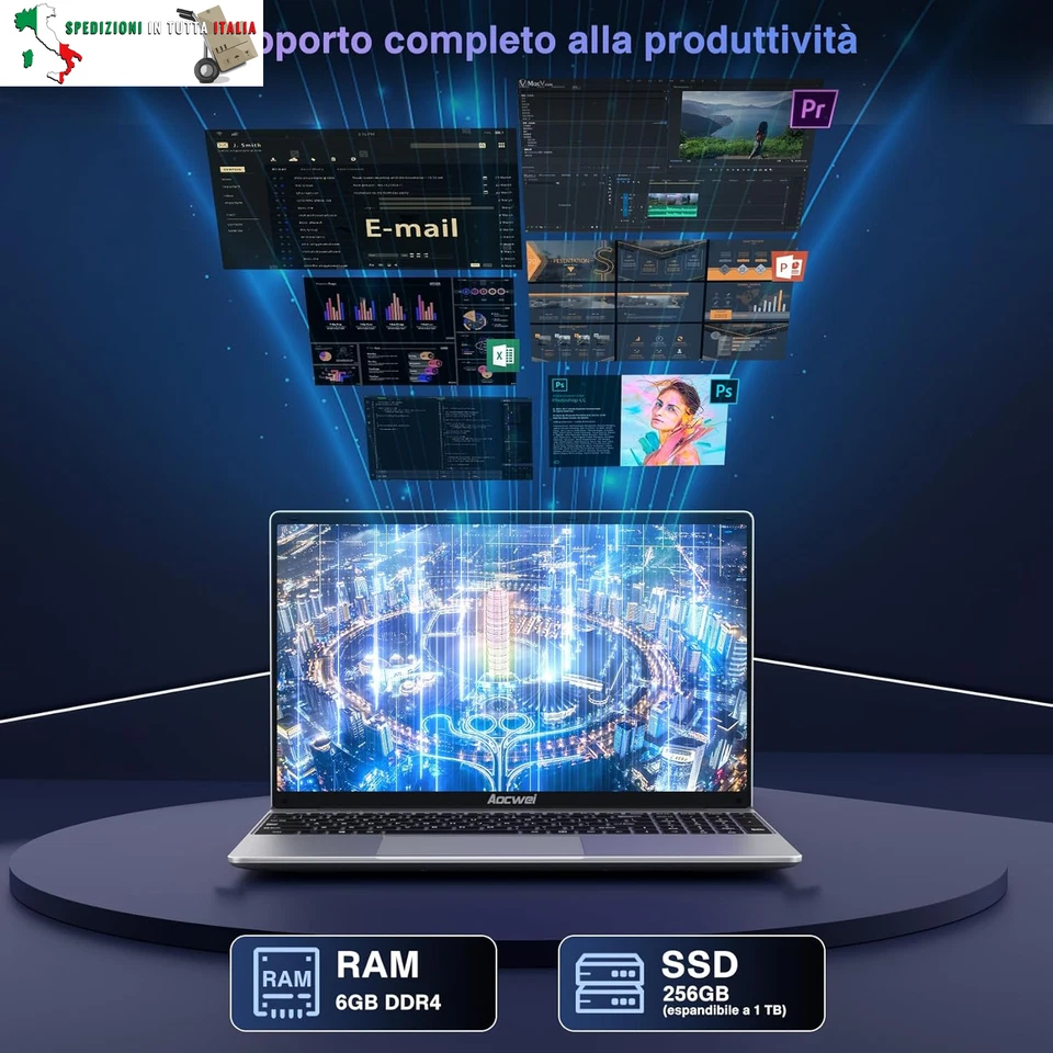 AOCWEI PC Portatile 15.6 Pollici 6GB RAM 256GB ROM SSD Estensioni Win 11 Noteboo - Immagine 3 di 4
