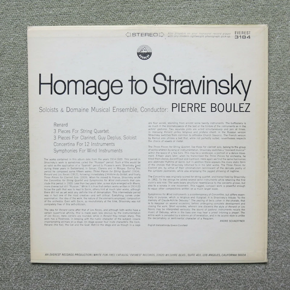 Igor Stravinsky Pierre Boulez Guy Deplus Homage Everest SDBR 3184 US Vinyl LP - Bild 2 von 4