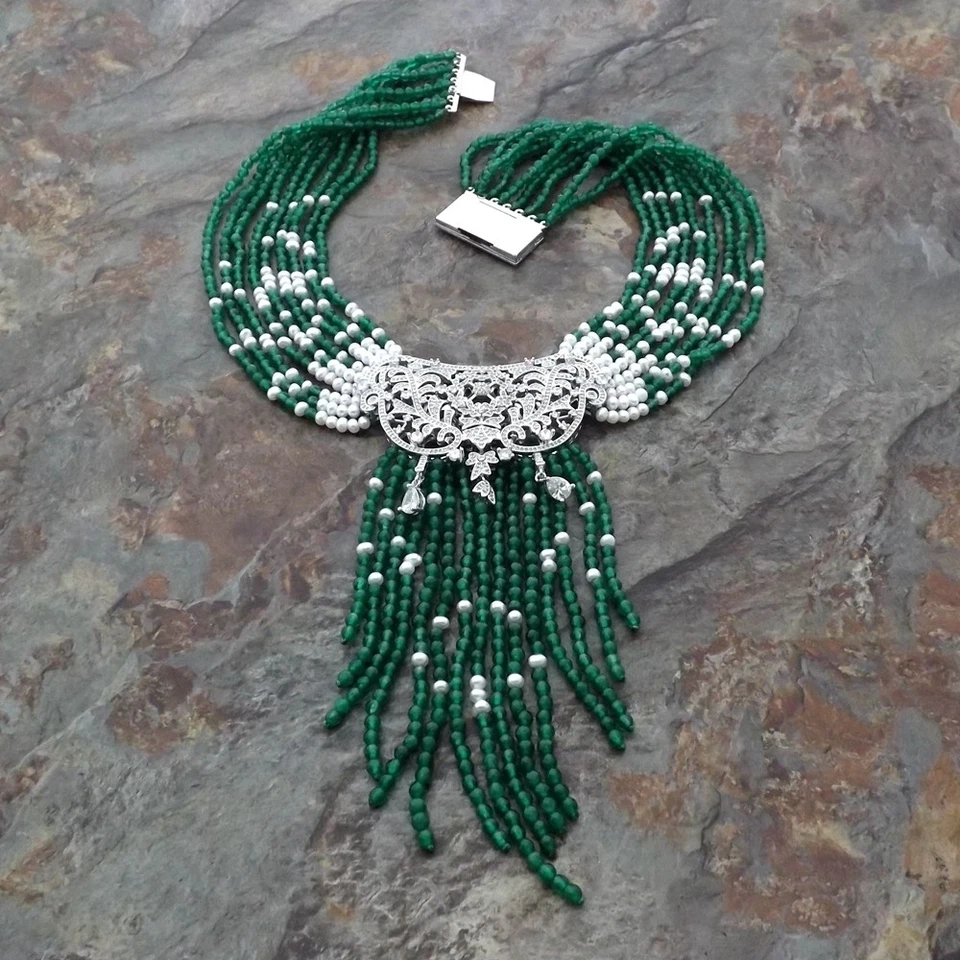 Collar colgante de perlas blancas cultivadas de agua dulce de jade verde de 19" 9 hebras circonita cúbica Foto 3 de 4