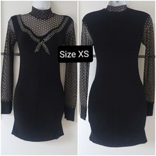 Women's Fashion Sexy Bodycon Mini Dress High Neck Mesh Longsleeves Size XS Black