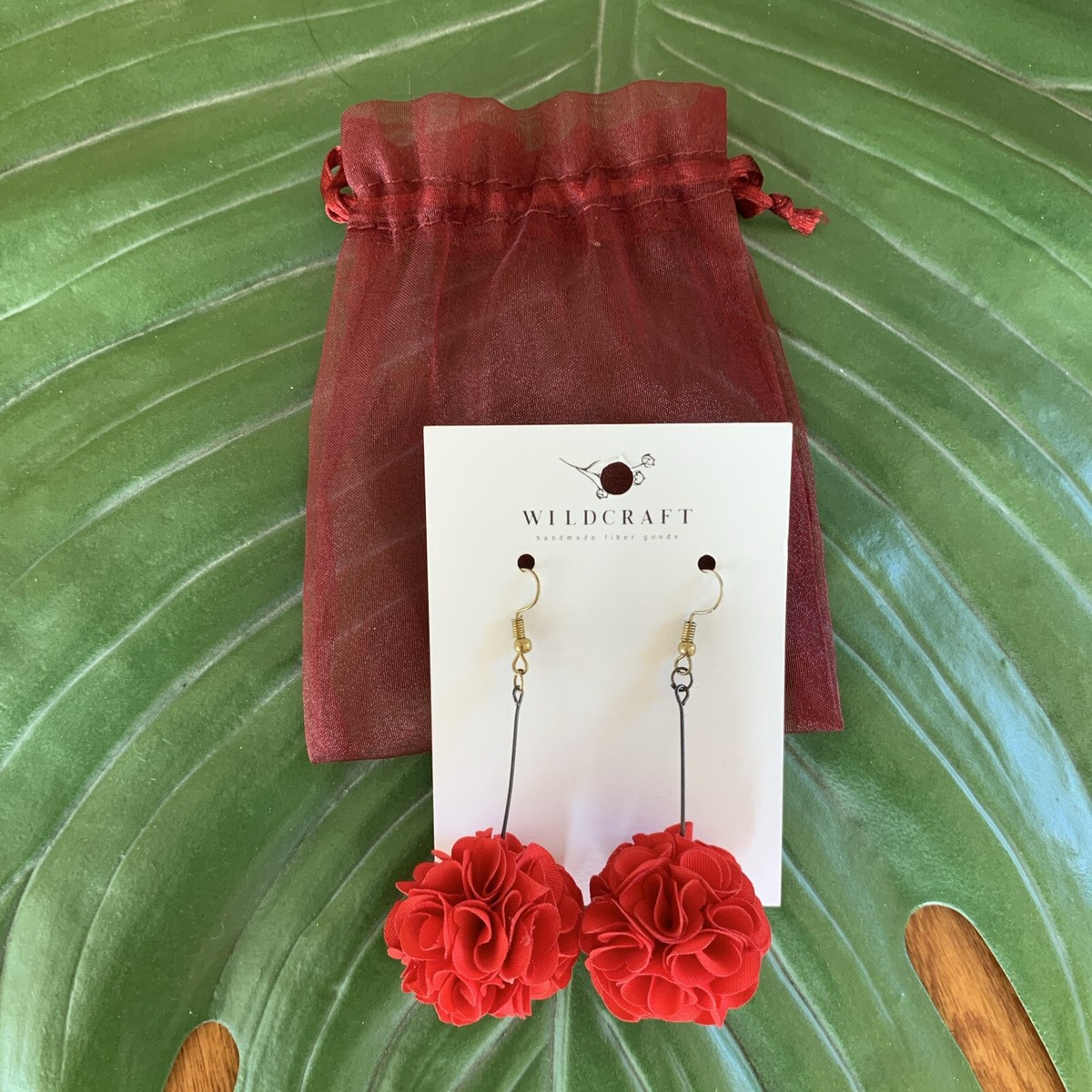 Wildcraft Red Black Gold fluffy Pom Pom earrings Dropdown Rose Flowers NEW  Hook