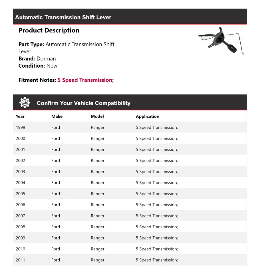 Palanca de cambios de transmisión automática para Ford Ranger Dorman 1999-2011 2000 2001 Foto 2 de 4