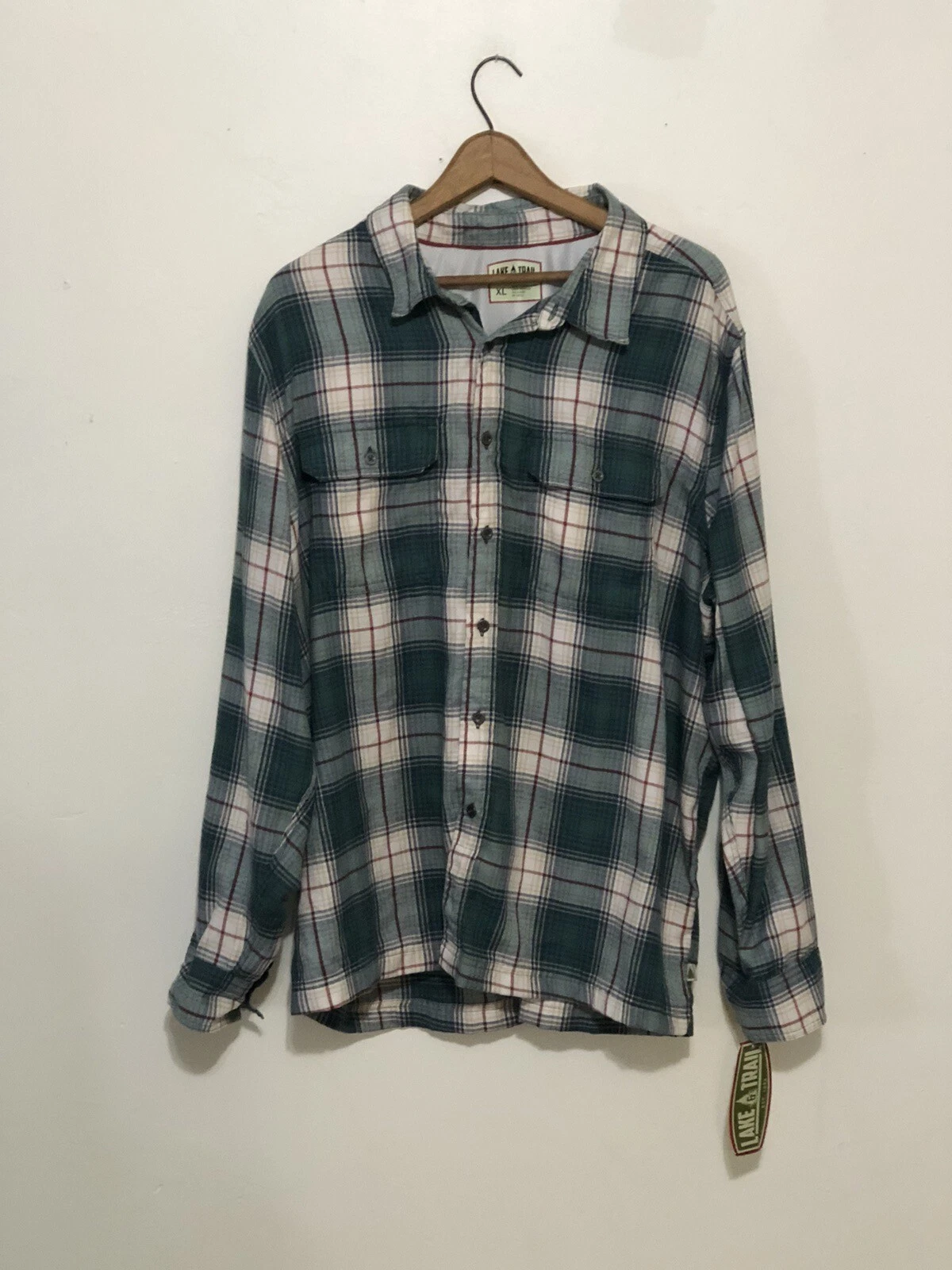 Lake & Trail Shirt Men's XL Green Cream Plaid Long Sleeves Vented Outdoor Hiking