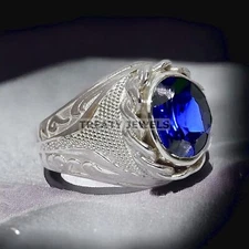 Blue Sapphire Oval Cut Gemstone With 925 Sterling Silver Ring For Men's #375