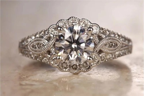 1CT Lab Created Diamond Art Deco Milgrain Wedding 925 Sterling Silver Gift Ring