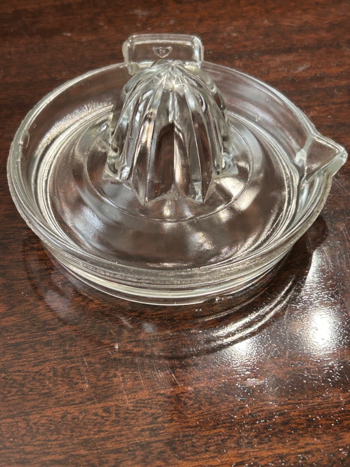 Vintage 30's FEDERAL Glass 5.5" Juicer/Reamer Clear Glass, Tab Handle w/Logo USA