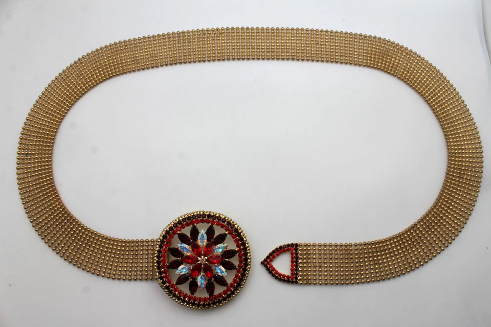 Mujeres Malla Dorada Metal Cadera Wiast Moda Elegante Cinturón Redondo Rojo Flor Hebilla S M Foto 3 de 4