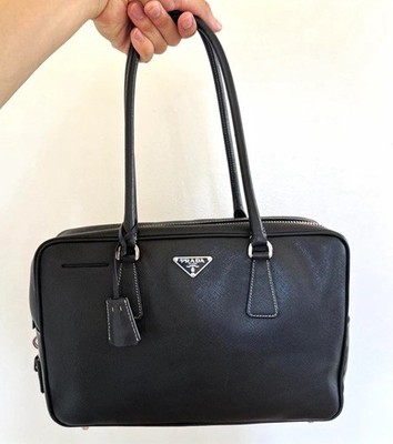 PRADA Black Saffiano Satchel Top Handle Zip Bag Silver Hardware Logo Pockets
