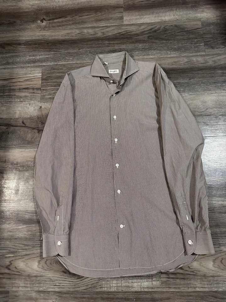 $1,495  CESARE ATTOLINI Dress Shirt Red/White Striped 16.5 - 42 Italy Spread - Image 3 of 4