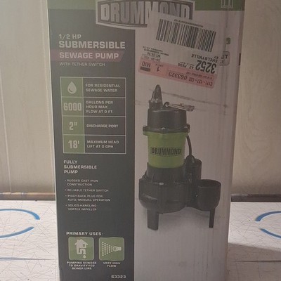 Drummond 1/2 HP Submersible Sewage Pump Cast Iron 6000 GPH 2'' Discharge