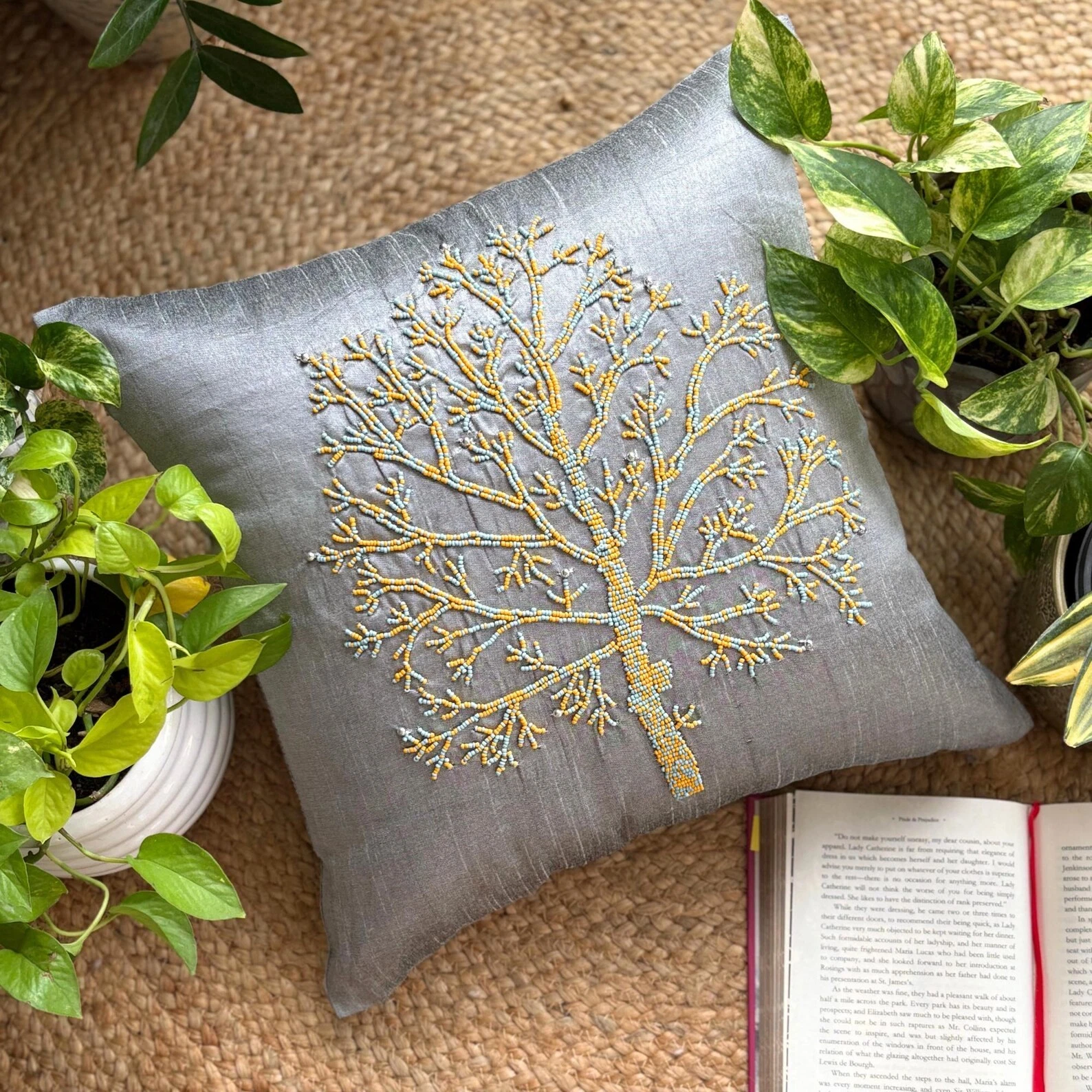 Square Decorative Cushion Cover Grey 16"x16", Bed Decor Silk - Tree Of Faith