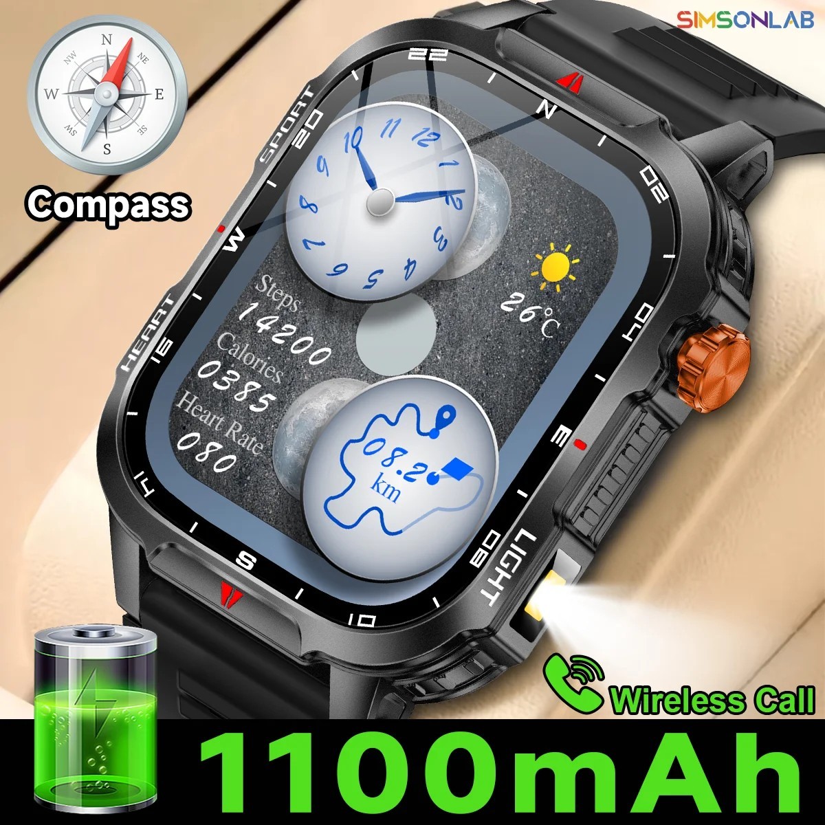 1100mAh Battery Military Smart Watch For Men Rugged Tactical Fitness Tracker AU