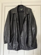 Vintage 90  s J Crew Black Leather Car Coat Jacket Wool Lined Button Mens Large