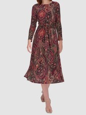 Tommy Hilfiger Women's Red Round-Neck Fit-Flare Long-Sleeve Dress Size 8