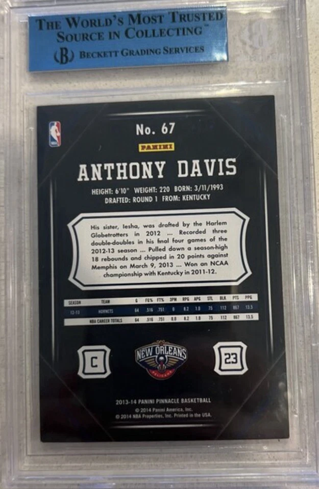 Tarjeta de la NBA Panini Pinnacle Artists Proof 2013 negra 1/1 Anthony Davis BGS SEGUNDO año Foto 2 de 2