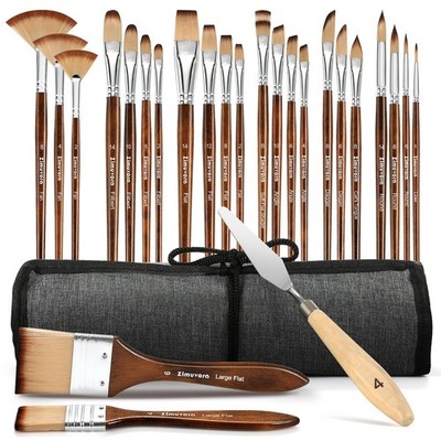 25 PCS Paint Brush Set Cloth Roll Spatula Nylon Acrylic Watercolor Oil Wood