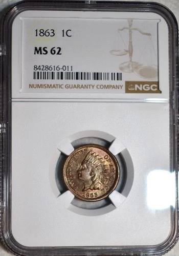 NGC MS-62 1863 Indian Head Cent, Highly Lustrous w/ Iridescent Toning!