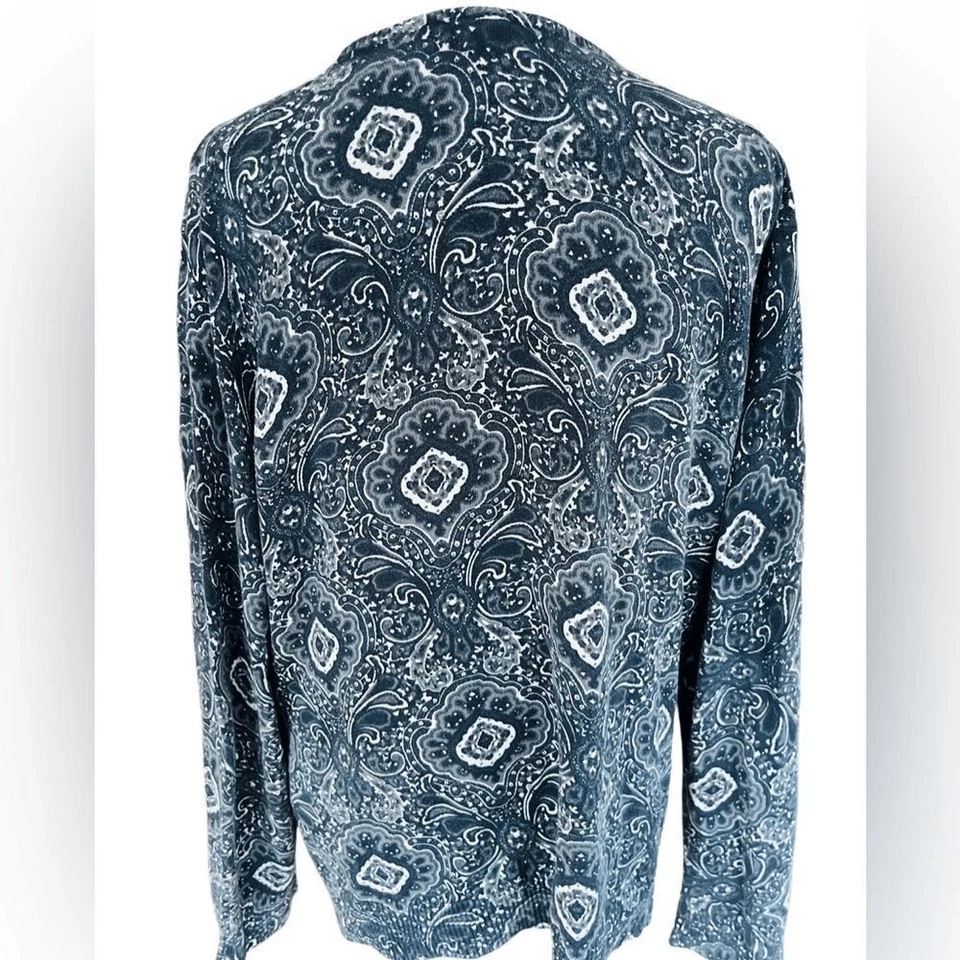 Lands’ End gray/black/white paisley cotton blend button front cardigan sz L. - Imagem 3 de 4