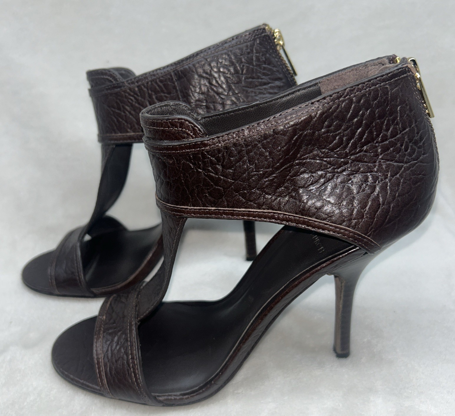 Tory Burch Black Textured Leather Peep Toe Ankle T-Strap Heels Size 9.5 BROWN