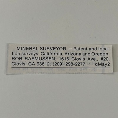 Mineral Surveyor Patent Rob Rasmussen Clovis CA 1983 Mining Ad SAJ1-S31