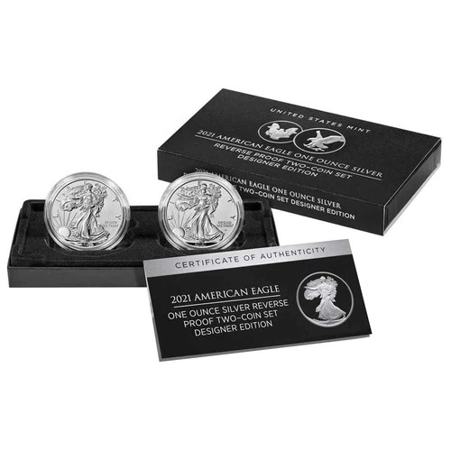 2pc Set - 2021 $1 1-oz American Silver Eagle Reverse Proof Designer Edition w/