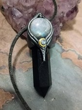 Book Of shadows.  Obsidian Witch  Protection Necklace. Crescent