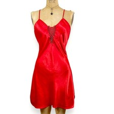 Vintage Satin Mini Slip Dress Large Red Lace Romantic Coquette Lingerie