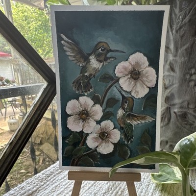 Original Miniature Fine Art Painting Hummingbirds Wild Roses Impasto Acrylic 3x5