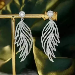 Authentic 3Ct Real Moissanite Wedding Dangle Drop Feather Earrings 14k White Gold Plated