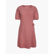 Madewell XS Crosshatch Puff-Sleeve Faux-Wrap Mini Dress Weathered Berry Pink 