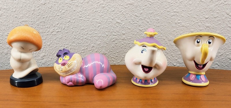 Vintage Disney Figurines: Hop Lo, Cheshire Cat, Mrs. Potts, & Chip ~1990s