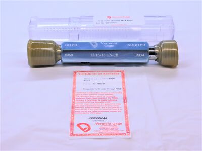 NEW 15/16 16 UN 2B VERMONT THREAD PLUG GAGE .9375 GO NO GO PD'S = .8969 & .9034