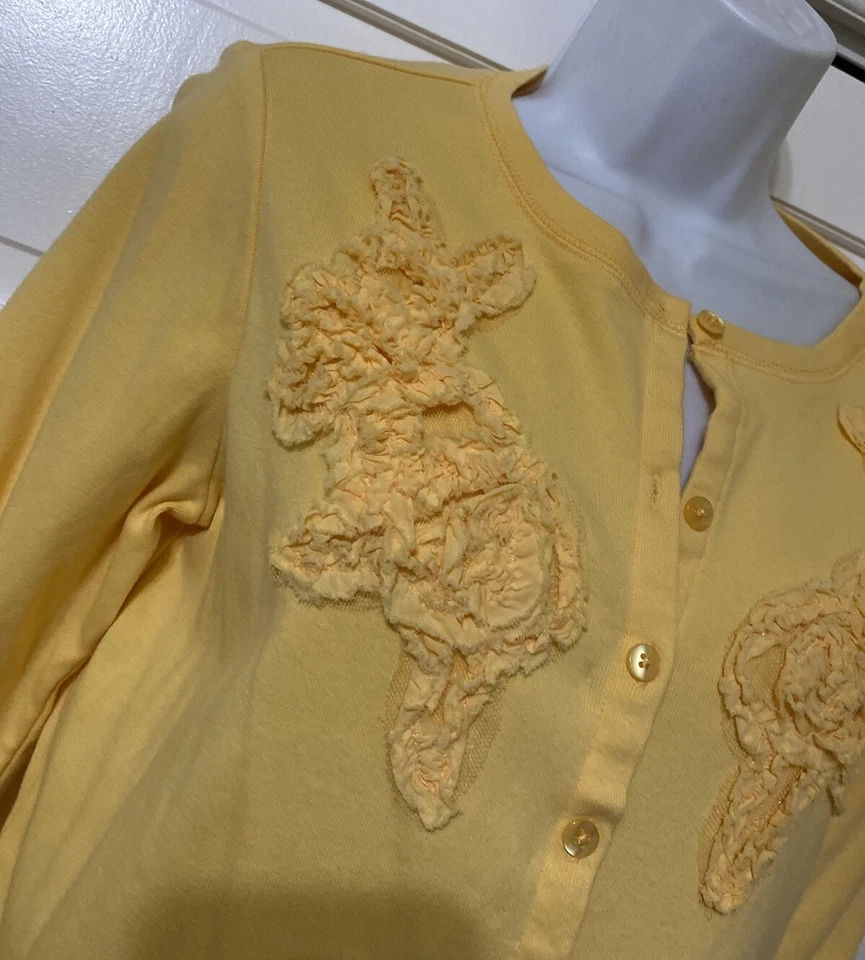 Vintage STUDIO WORKS Yellow Cotton Jersey Cardigan SWEATER Petite Medium PM - Image 2 of 4
