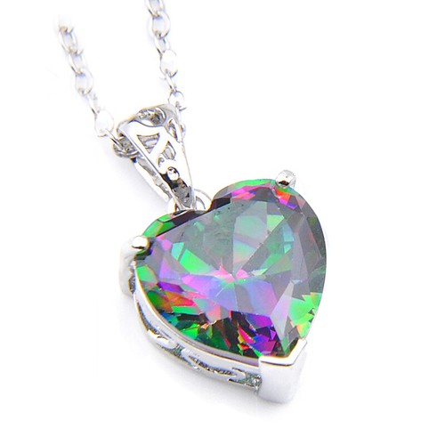 Love Heart Rainbow Mystic Fire Topaz Gems Vintage Silver Heart Necklace Pendants - Picture 2 of 6