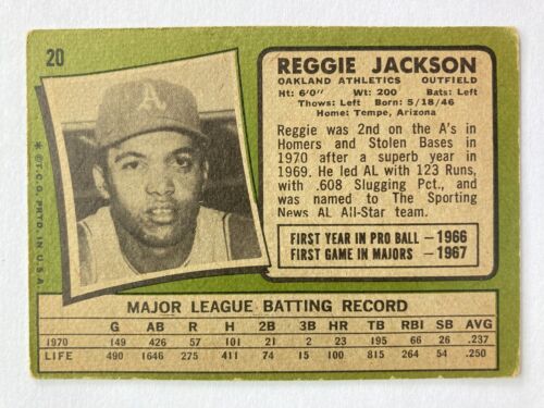 1971 Topps #20 Reggie Jackson (Oakland A's) HOF! 5-TIME WS CHAMP! - Picture 2 of 2