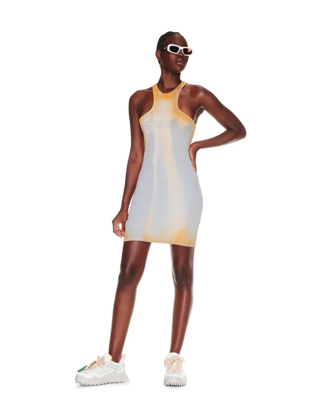 FILA Off White Mini Abito Smanicato Canottaggio a Coste Lavanderia Effetto Tye Small