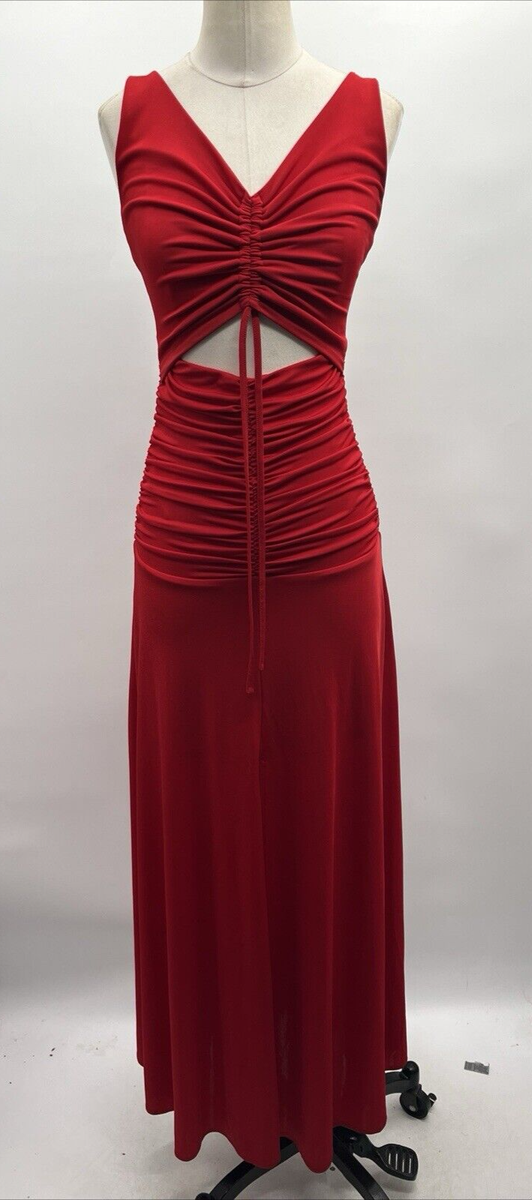 ZAC POSEN Women's Sleeveless Deep V Neck Red Ruched Cutout Sheath Maxi Dress ~0 ZAC POSEN Women's Sleeveless Deep V Neck Red Ruched Cutout Sheath Maxi Dress ~0